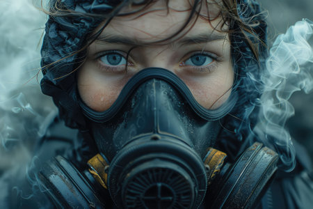 Portrait of a girl in a gas mask. Selective focus.の素材