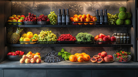 Fruits and vegetables on a shelf in a supermarket or grocery store.の素材