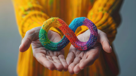 Close-up of woman hands holding a heart shape made of multicolored ribbonsの素材