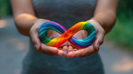 Close up of woman hands holding rainbow color heart shape on nature backgroundの素材