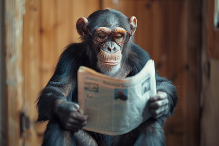 Chimpanzee monkey in glasses reading a newspaper in a zooの素材