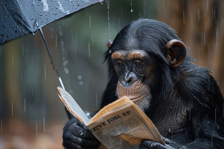 Chimpanzee in the rain with a book in his handsの素材