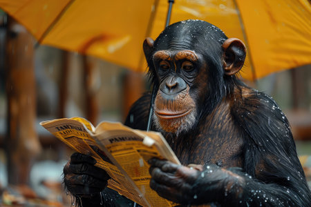 Chimpanzee monkey reading a newspaper on a rainy day.の素材