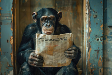 Chimpanzee monkey with a newspaper in his hands looking at the cameraの素材
