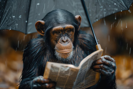Chimpanzee in rain with umbrella and newspaper in hands.の素材