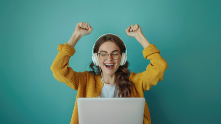 happy young woman in headphones using laptop and showing yes gesture isolated on greenの素材