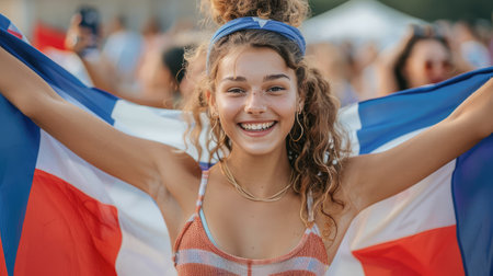 Young beautiful girl with the national flag of France in her hand.の素材