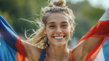 Portrait of a beautiful young woman holding a brazilian flag.の素材