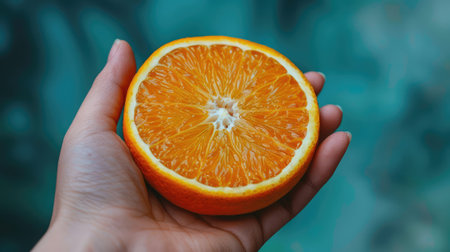 Close-up of a hand holding a slice of orange on a green backgroundの素材