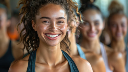 Portrait of smiling sporty women looking at camera in fitness studioの素材