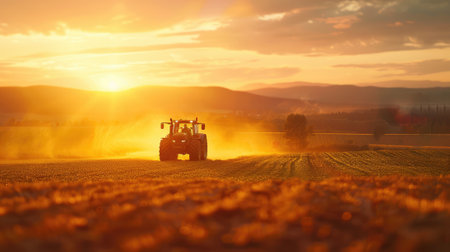 Tractor spraying pesticides on wheat field at sunset. Tractor spraying pesticides on wheat field.の素材
