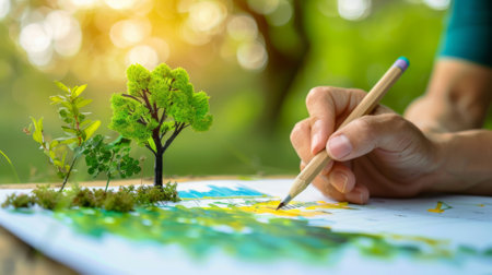 Close-up image of a woman's hand drawing a tree with pencilの素材