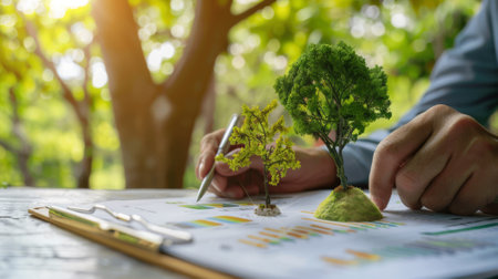 businessman analyzing investment charts with tree, business and finance concept.の素材