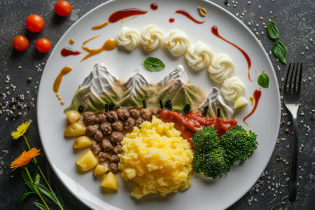 Mashed potatoes with vegetables and meat on a white plate. Top viewsの素材