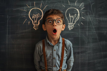 Surprised boy in glasses standing near blackboard with drawn light bulbsの素材