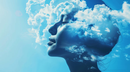 Double exposure of beautiful woman face and clouds on blue sky background.の素材