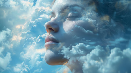 Portrait of beautiful girl with closed eyes against blue sky with cloudsの素材