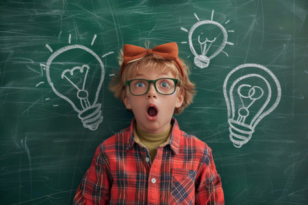 Surprised boy in glasses and a red checkered shirt on the background of the blackboard with drawn lightbulbsの素材