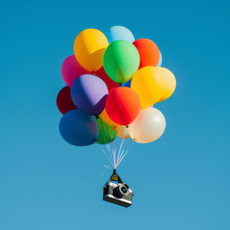 Vintage camera flying with colorful balloons on blue sky background. Retro movie camera.の素材