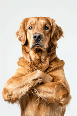 Studio shot of a funny Golden Retriever sitting on white background.の素材