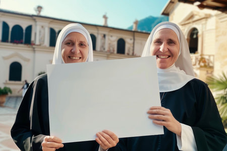 Two nun women in traditional clothes holding a white sheet of paperの素材