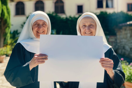 Two senior nun holding a blank sheet of paper and looking at the cameraの素材