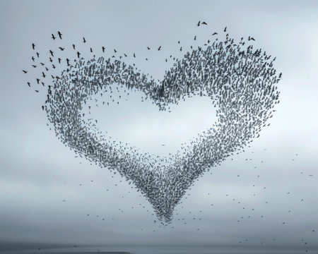 Heart shape made of birds flying in the sky. Love concept.の素材