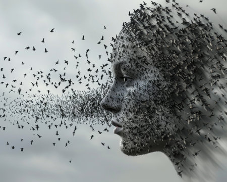 Surreal image of a man's face combined with a flock of birdsの素材