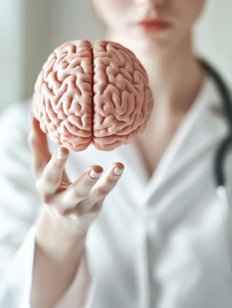 Closeup of female doctor holding brain in her hands. Medical conceptの素材