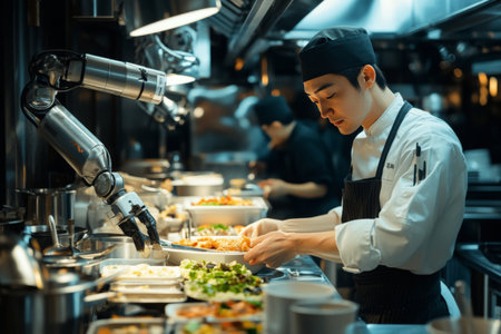 selective focus of young male chef decorating food in restaurant kitchenの素材