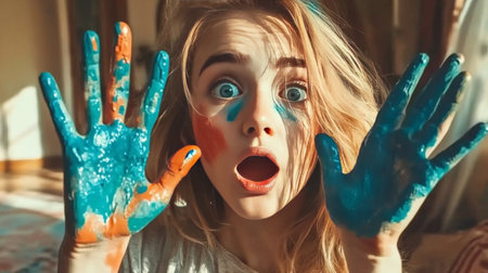 Beautiful young woman painting her hands with bright blue paint at homeの素材