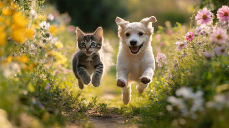 Cat and dog running in the meadow with flowers in summer timeの素材