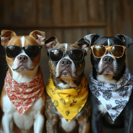 Three dogs in sunglasses and a bandana on a wooden background.の素材