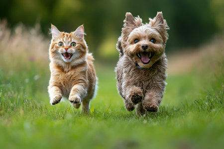 Two Yorkshire Terriers running in the grass with a red cat.の素材