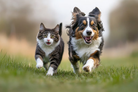 Two Australian Shepherd dogs running in the grass with a cat in the background.の素材