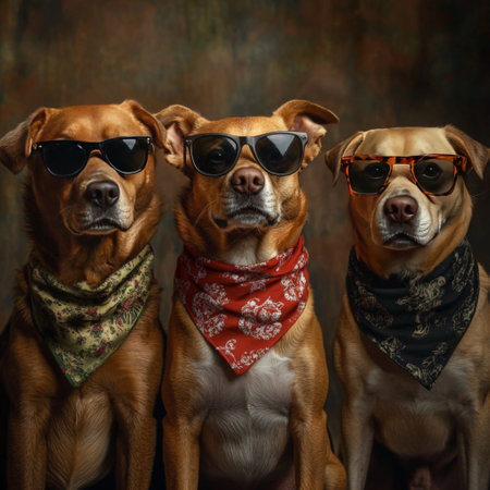 Three dogs in sunglasses and a bandana on a dark background.の素材
