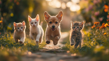 Group of little kittens walking in the garden. Selective focus.の素材