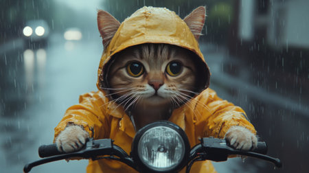 Cute cat in yellow raincoat riding a scooter in the rainの素材