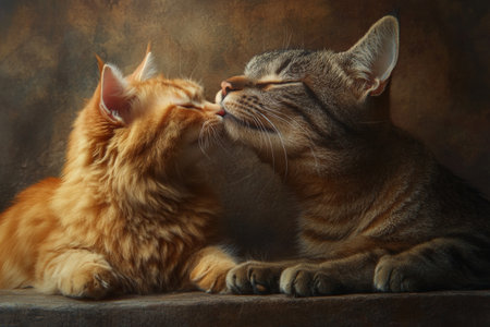 Two cats kissing each other, close-up, on dark backgroundの素材