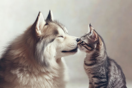 Cute cat kissing siberian husky dog on light backgroundの素材