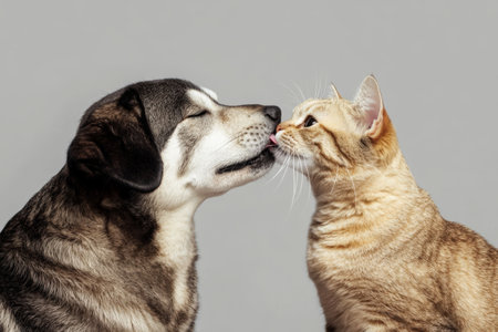 Cute cat and dog kissing. Studio shot. Gray background.の素材