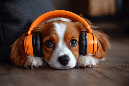 Cute dog listening to music in headphones lying on the floor.の素材