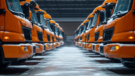 A row of orange trucks on the parking lot in a warehouse.の素材