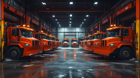 Warehouse with many orange trucks in a warehouse. Industrial background.の素材