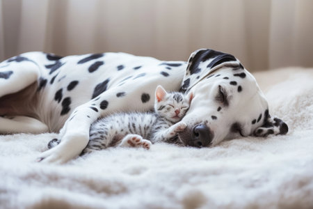Adorable Dalmatian dog and cat sleeping together on the bedの素材