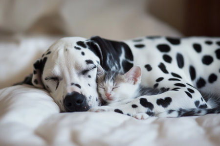 Adorable Dalmatian puppy sleeping on the bed. Selective focus.の素材