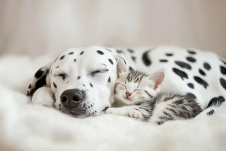 Dalmatian dog and kitten sleeping together on a white blanketの素材