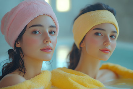 Portrait of two beautiful young women in bathrobes looking at cameraの素材