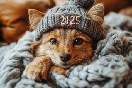 Cute dog in a knitted hat with the inscription 2025 lies on the bed.の素材