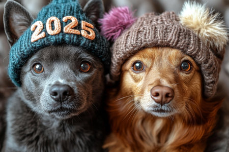Two cute dogs in warm hats, close-up. New year concept.の素材